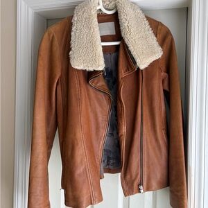 Soia & Kyo Tan Caramel Leather Jacket with Shearling Collar Size XS-S